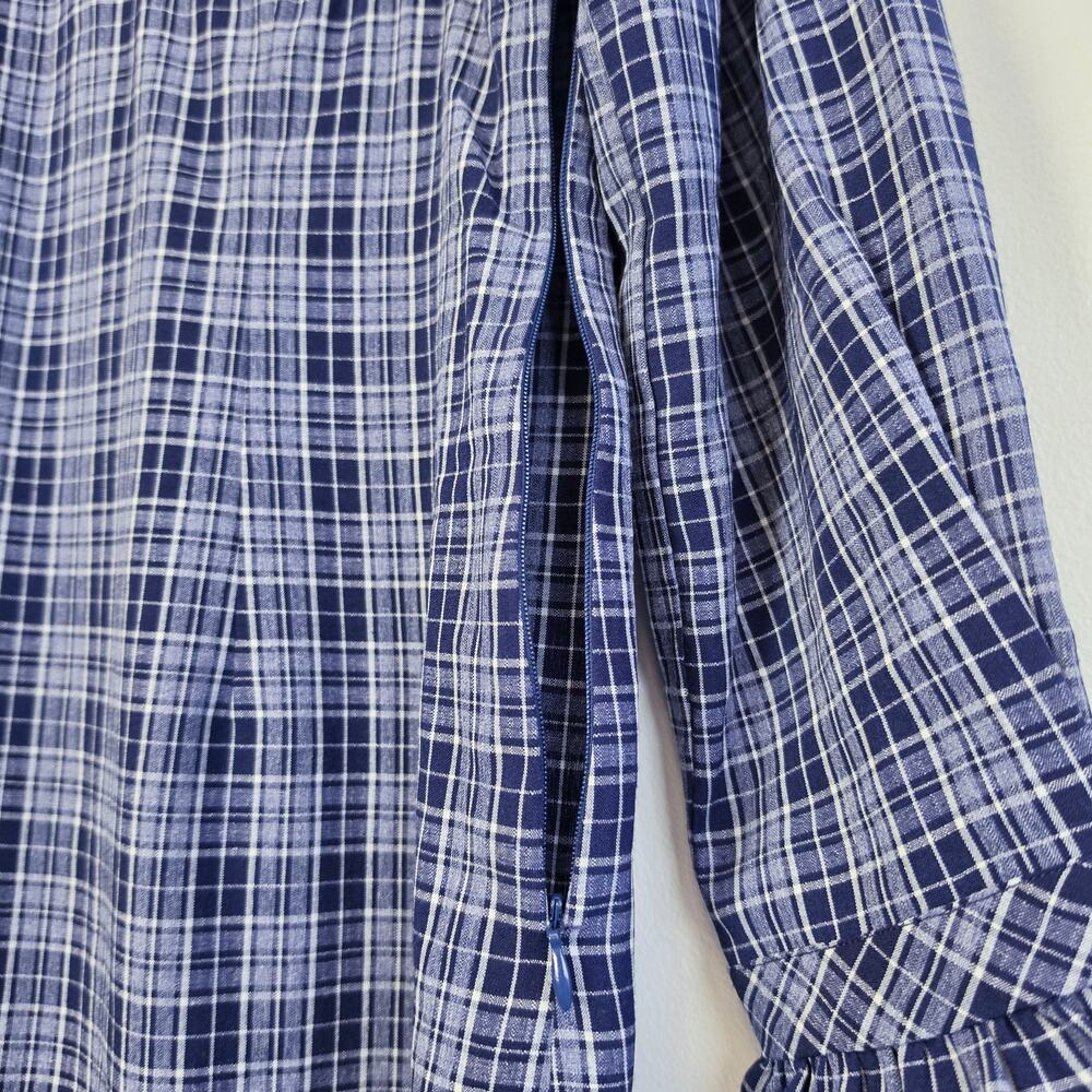 Simple Retro Whitney Round Neck Tie Bow Collision Blue Check Dress Sz Medium - Picture 6 of 11